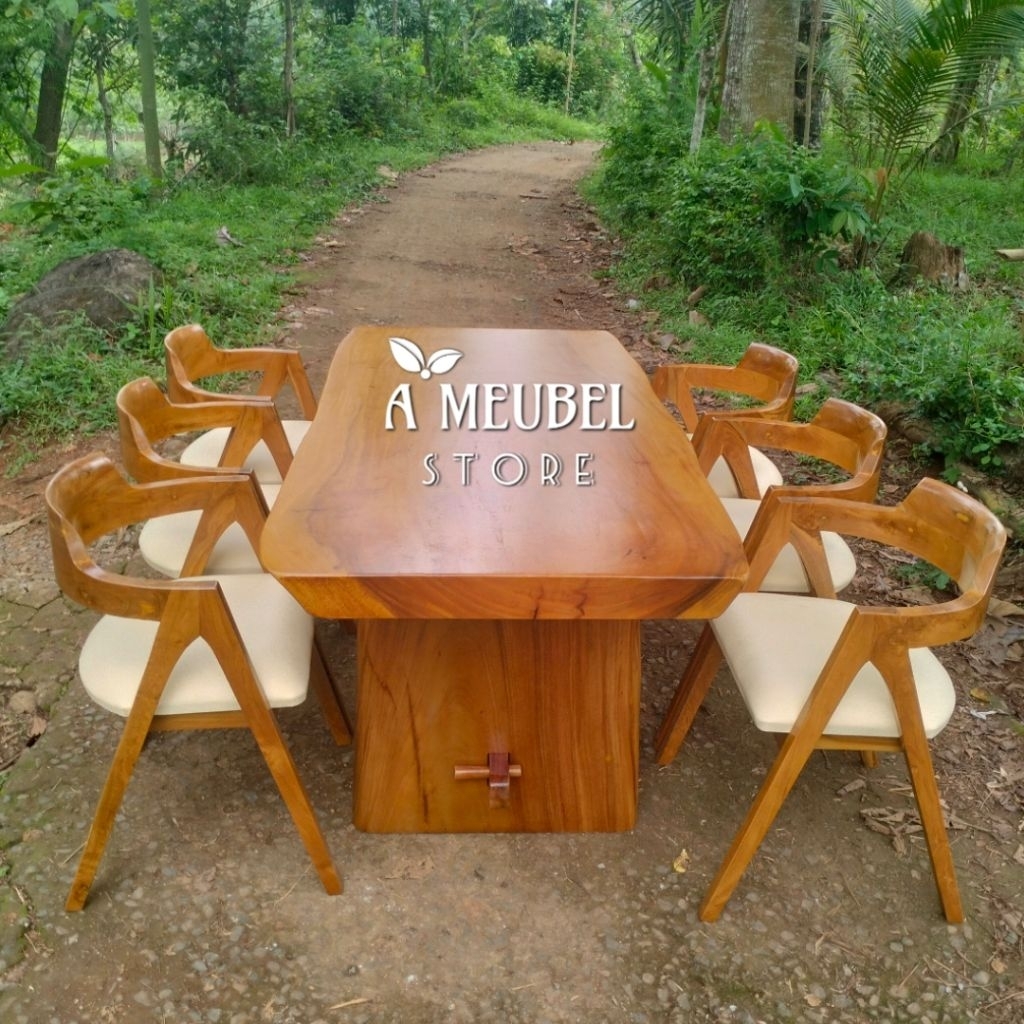 DINNING SET MINIMALIS TOP TABLE MEJA MAKAN MINIMALIS TREMBESI DESAIN MODERN (UK. 180x80cm) TEBAL 8cm
