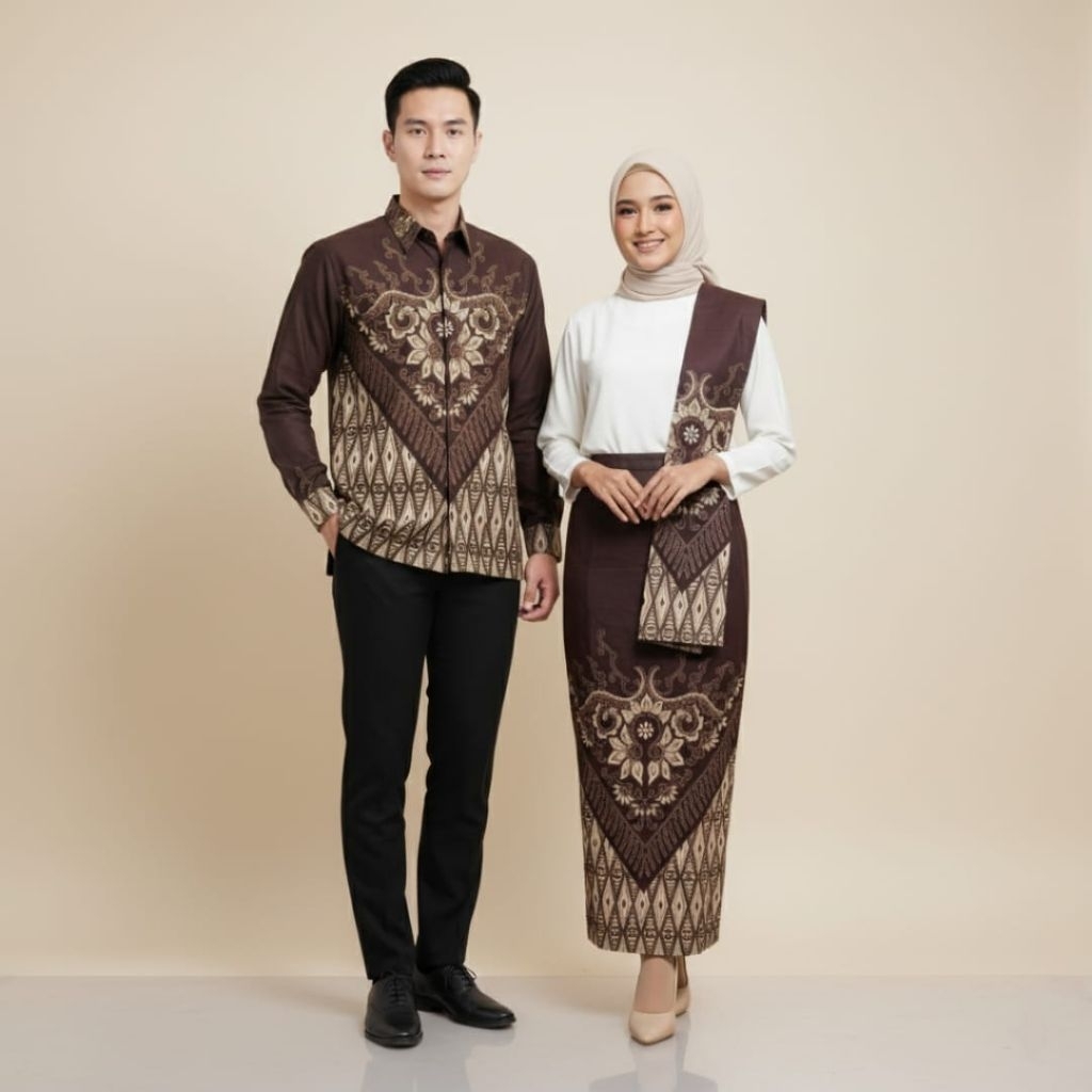 Couple Set Kemeja Batik dan Rok Span Motif Adipati Rama Warna Coklat Mahogany Tua by Batik Priyayi