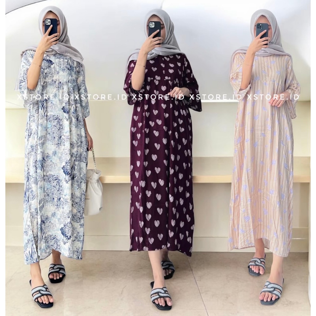 Xstore.id - Debora Daster Rayon Viral Kekinian Gamis Midi Dress Lengan terompet 3/ 4 Daily Rayon Mot