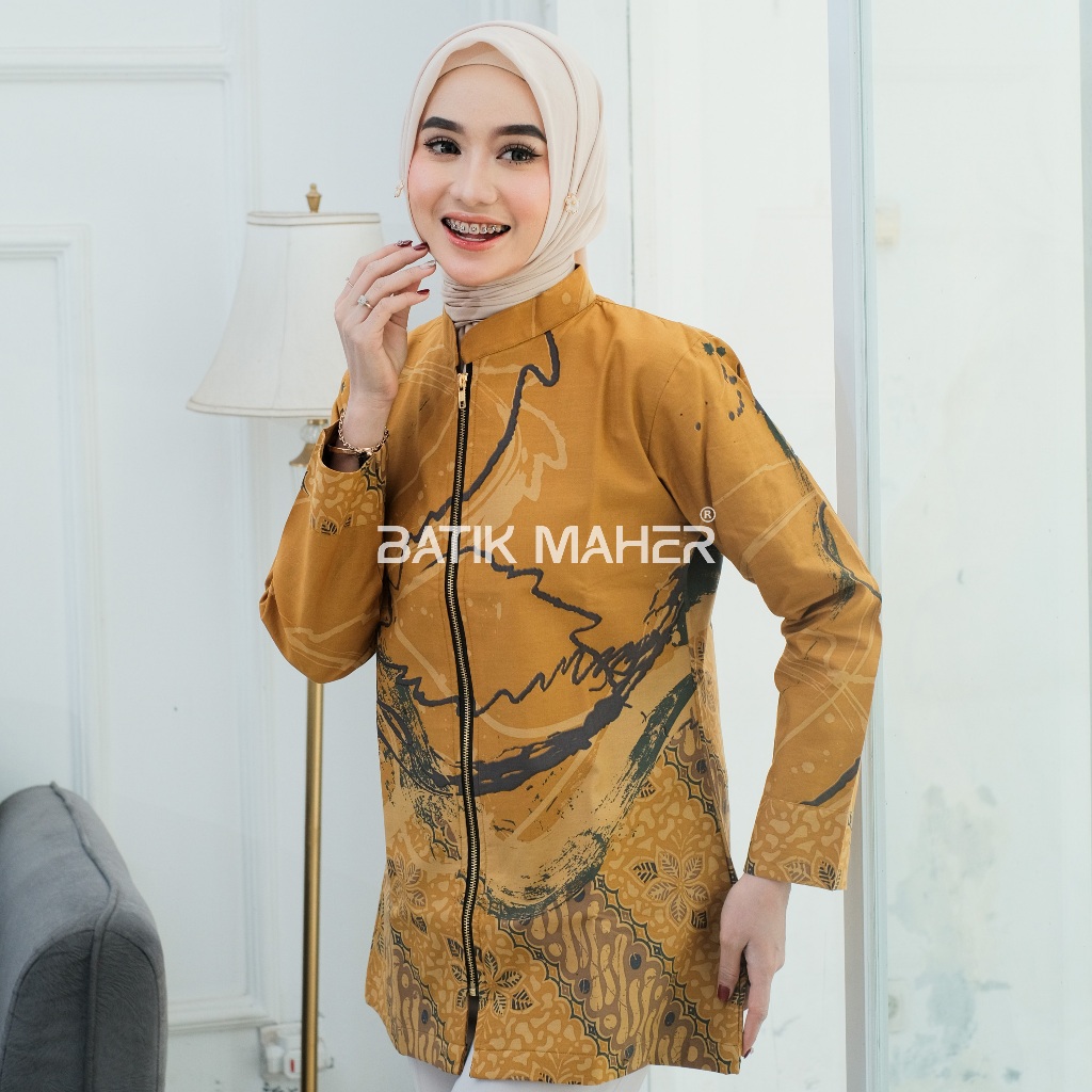 Batik Mahera Blouse Batik Atasan Wanita Kerja Premium Motif Jathayu Warna Kuning Lapis Trikot