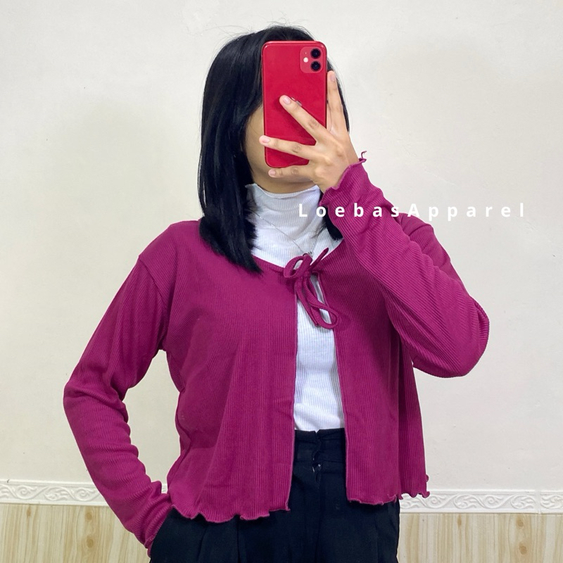 Cardigan Outer Crop Top Rib Rajut Cewek Korean Style Model Tali Depan