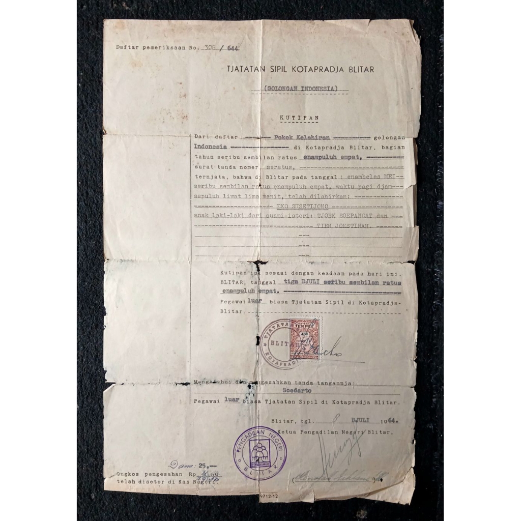 Dokumen Kuno TJATATAN SIPIL KOTAPRADJA BLITAR Tahun 1964