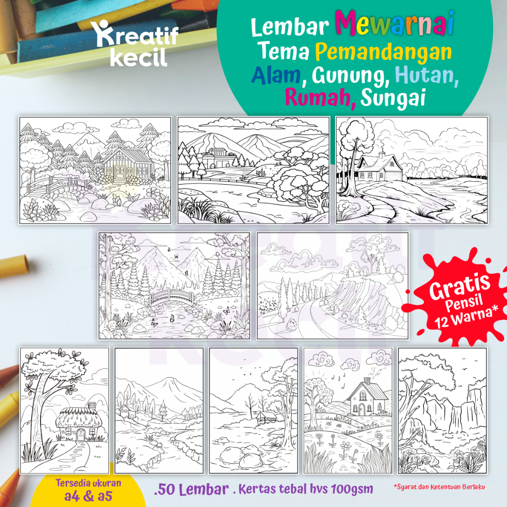 Mewarnai kertas gambar untuk anak tema pemandangan alam, gunung, hutan, rumah, sungai 10-50 lembar