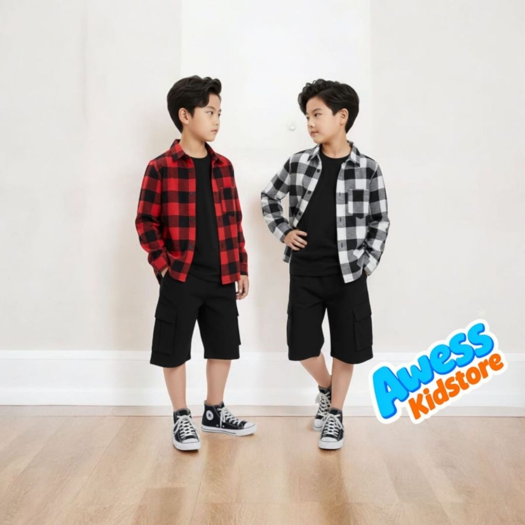 Grosir kemeja flanel anak lengan panjang1-12tahun UNISEX