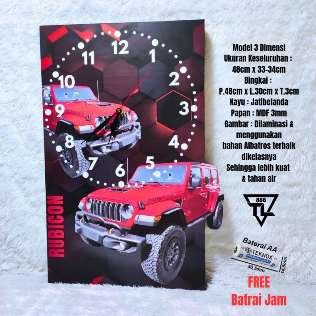 Jam Dinding 3 Dimensi Aesthetic Mobil Rubicon Ukuran Jumbo 48x34