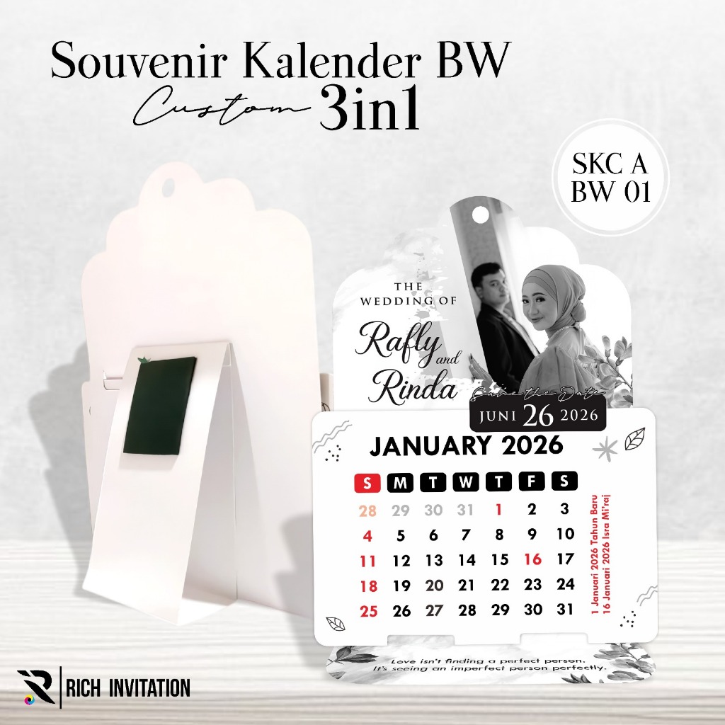 SOUVENIR KALENDER CUSTOM BLACK WHITE - SOUVENIR KALENDER PERNIKAHAN 3in1 - SOUVENIR AESTHETIC