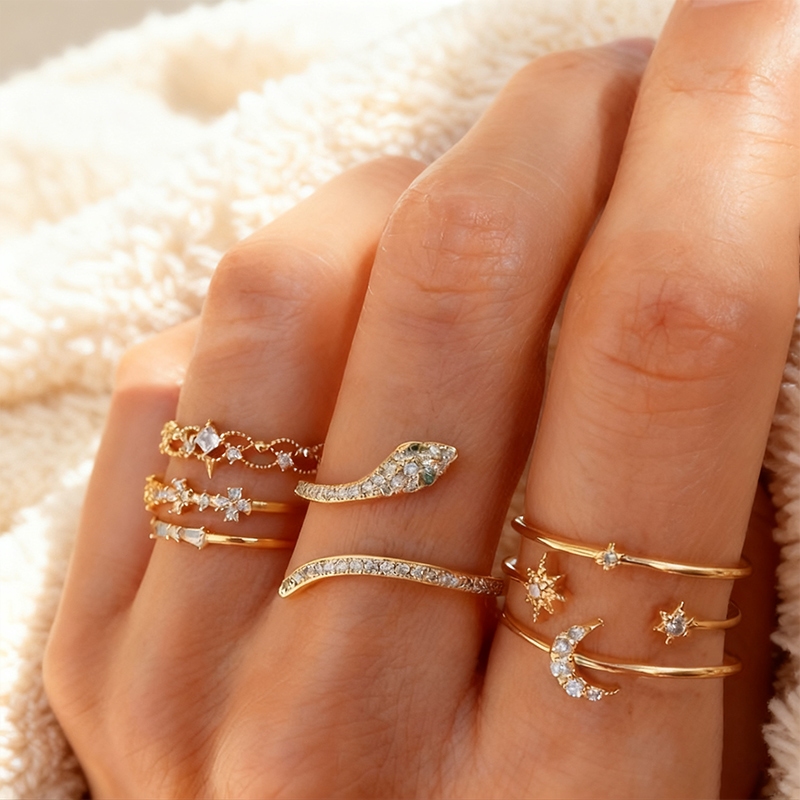 Queenaie Cincin Set Ring 7pcs / Set Cincin Rantai terbuka Gaya Retro Korea Untuk Aksesoris