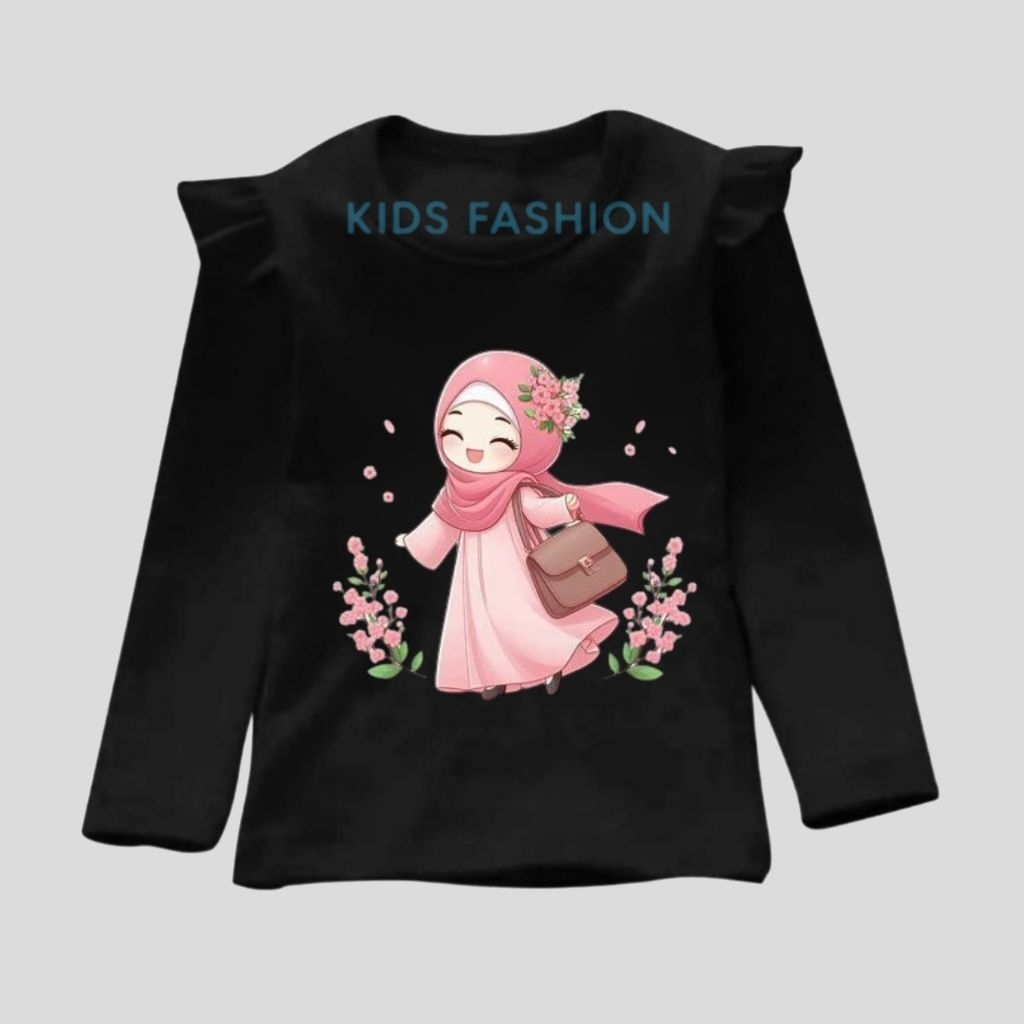Kaos anak gambar muslim jilbab bunga baju anak perempuan lengan panjang GAMBAR TENGAH / BUNGA