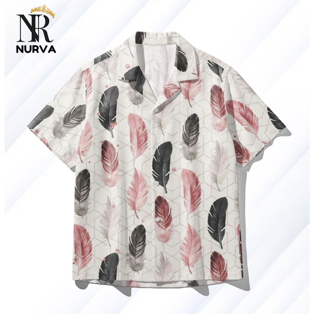 NURVA Kemeja Full Print Pria dan Wanita Motif Bulu Feather Hitam Pink Pastel – Kemeja Hawai Casual B
