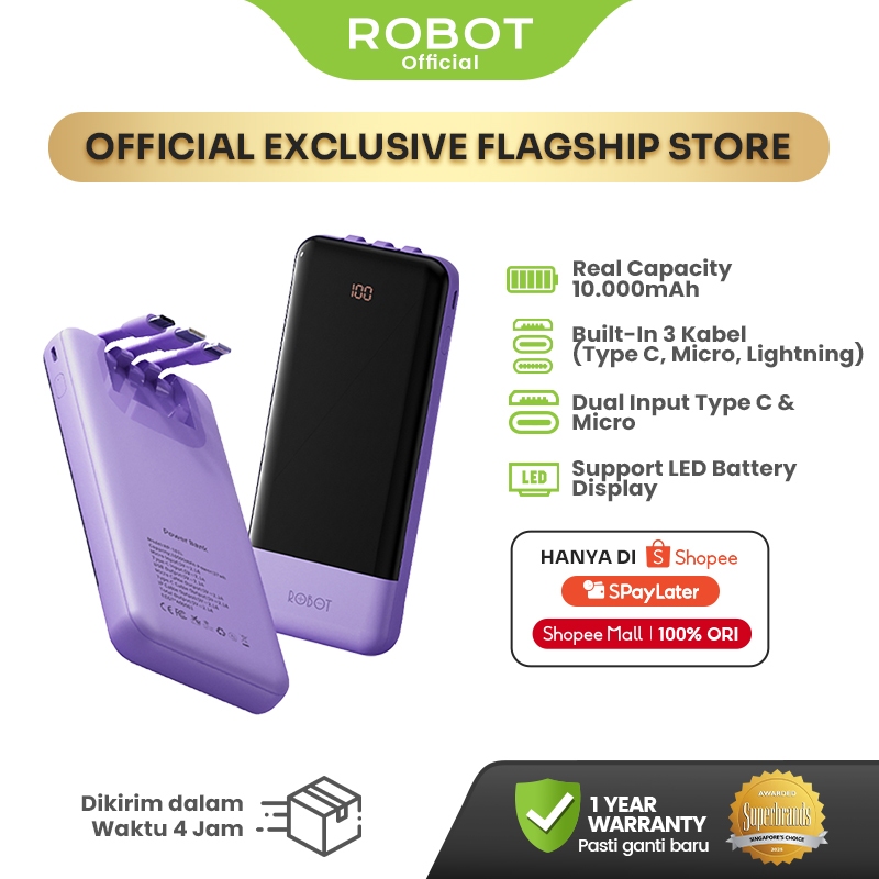 Powerbank ROBOT 10000mAH RP-101L 2.1A 3 Kabel Built-in Type C Lightning Micro Original - Garansi 1 T
