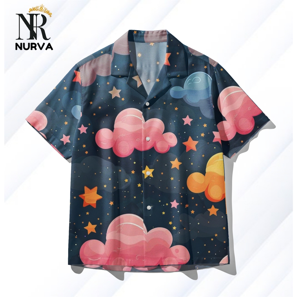 NURVA Kemeja Full Print Pria Wanita Motif Awan Bintang Kartun Lucu Navy – Kemeja Hawai Casual Space 