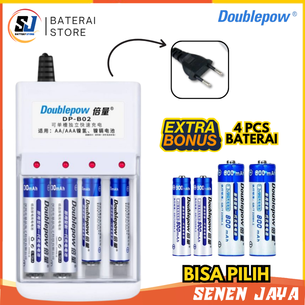 FREE CHARGER Charger Baterai AA AAA Doublepow 4 SLOT + Baterai AA Doublepow Casan Batre AA AAA Alat 