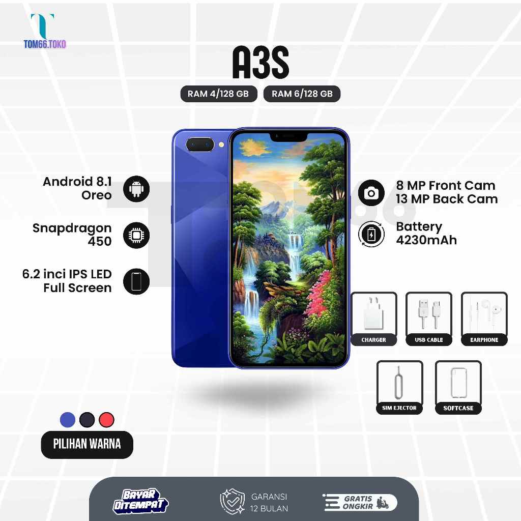 hp OPPO A3S ram 6/128 GB, Garansi distributor 4G grosir termurah