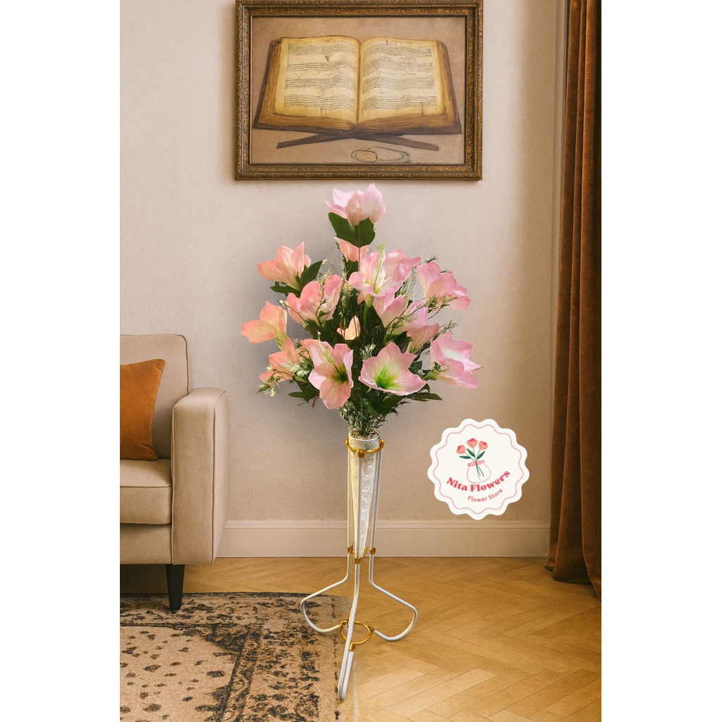 Bunga Amarilis Artificial Premium berikut dengan pot dan standing besi bunga hias bunga sudut ruanga