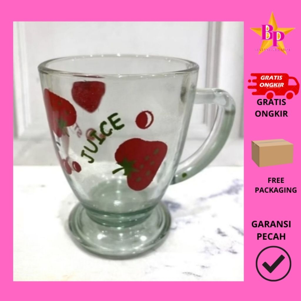 Gelas kaca kembang cantik kuping strawberry gb 303 f kopi teh sirup