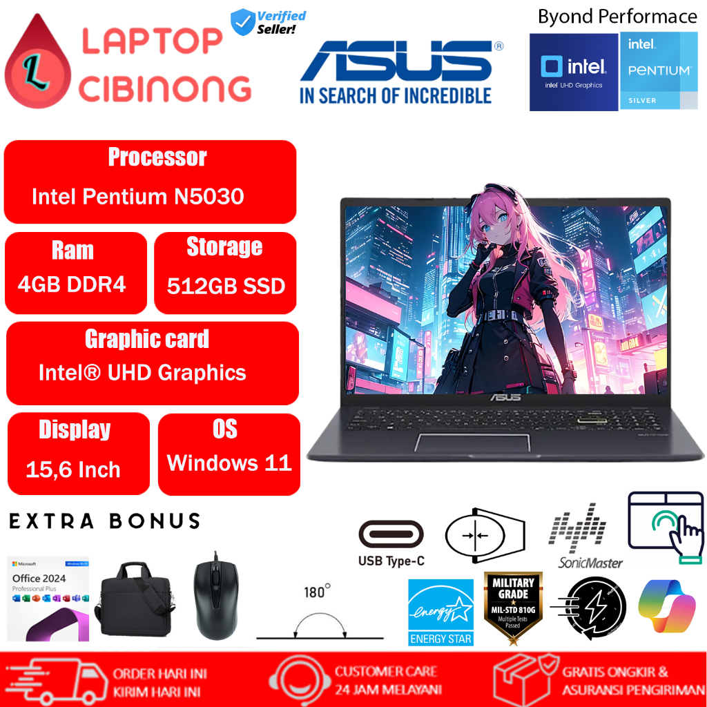 Asus Vivobook L510MA Intel Pentium Silver N5030 512GB SSD Windows 11 Black