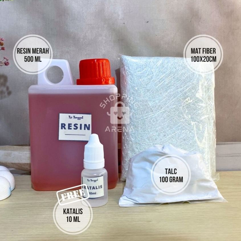 Paket Resin MERAH 500gr Polyester FREE Katalis 10ml Bahan Reparasi Pengganti Lem Tambal Toren Perahu
