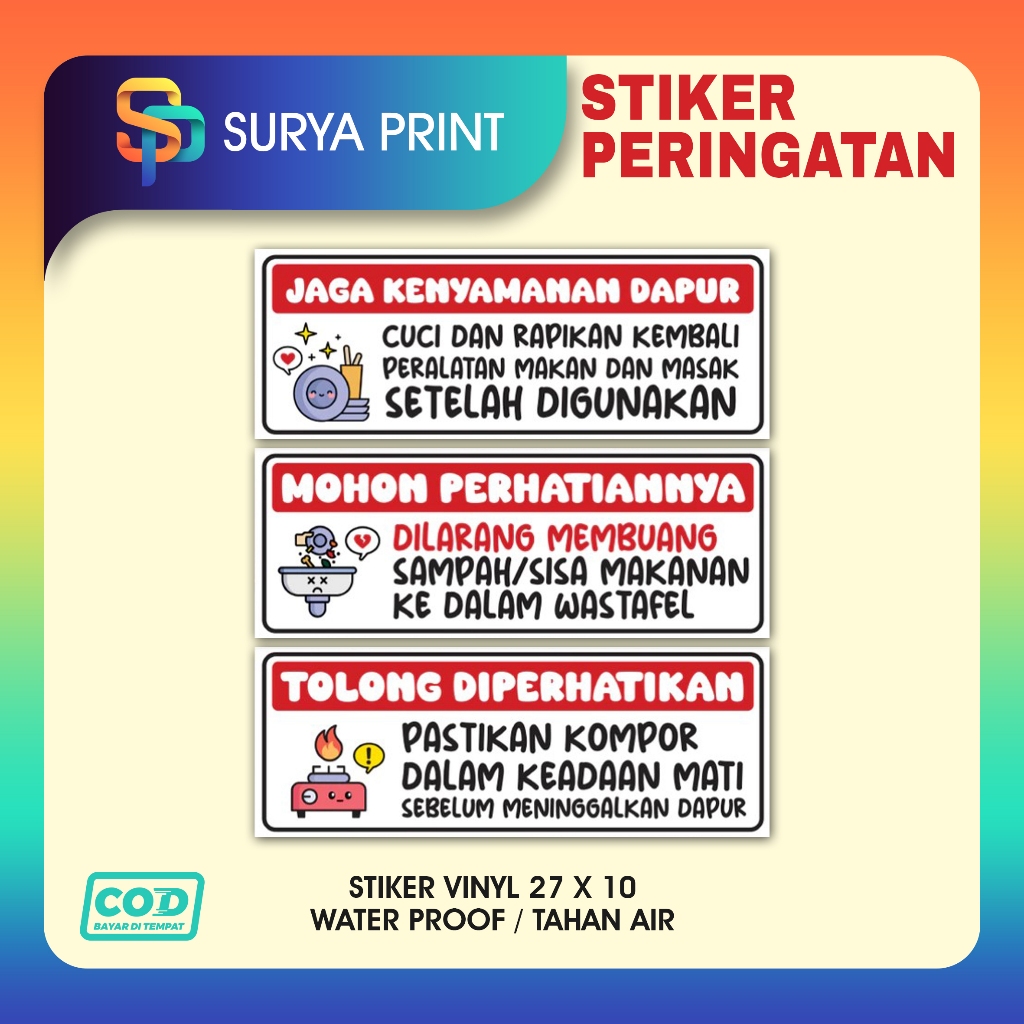 Stiker Peringatan Di Dapur Kos Kostan | Sticker Aturan Dapur Umum | Vinyl Anti Air | 27x10