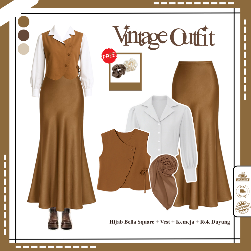 Bila Outfit Yearbook Vintage ( Hijab + Vest + Kemeja + Rok Duyung ) Outfit Yearbook Vintage - N48