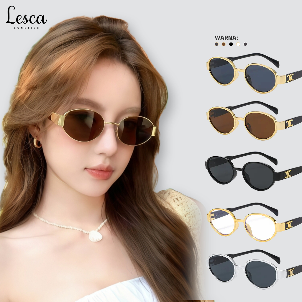 Lesca Kacamata Hitam Bulat Wanita Anti UV400 Sunglasses Fashion Frame Double C Logo Accent
