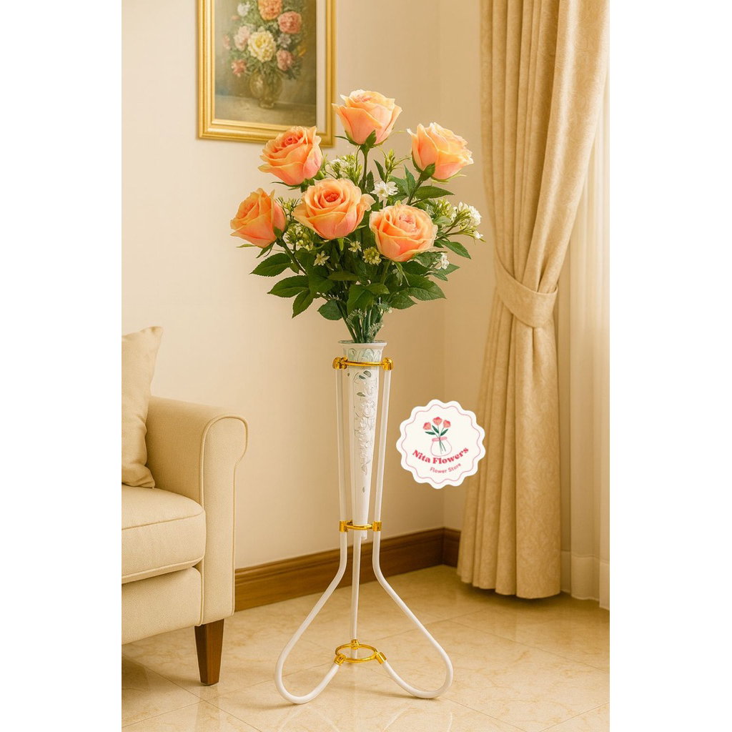 Bunga Mawar Artificial Jumbo Premium 10 Kuntum Mawar jumbo  berikut dengan pot dan standing besi bun