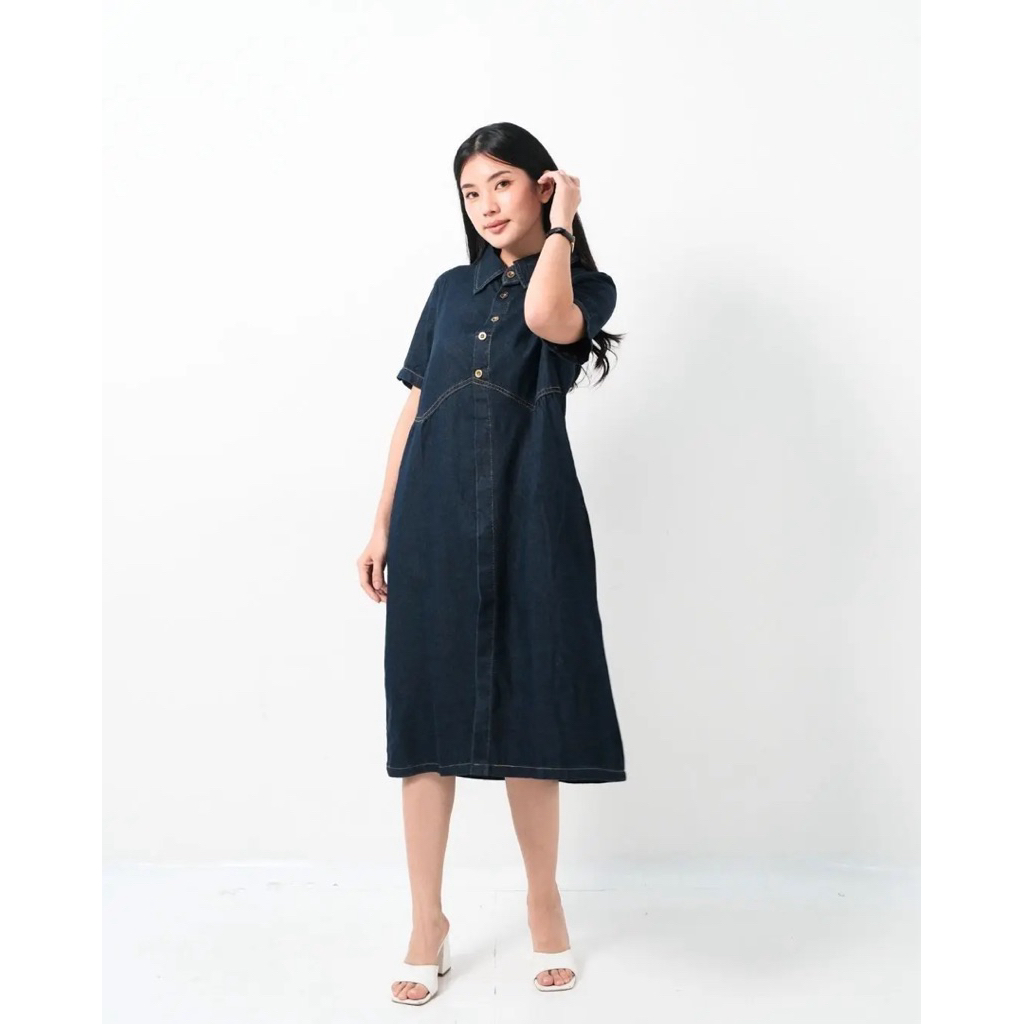 Atarable - Denim Dress Wanita Korean Midi A-Line Lengan Pendek Kancing Depan
