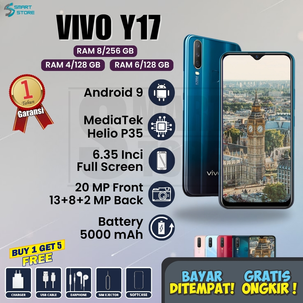 VIVO Y17 SMARTPHONE RAM 8/256GB 4G Fullset LET 6.35 inches Baterai 5.000 mAh