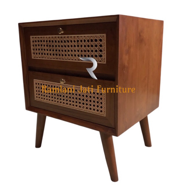 meja nakas rotan 2 laci, kayu jati jepara