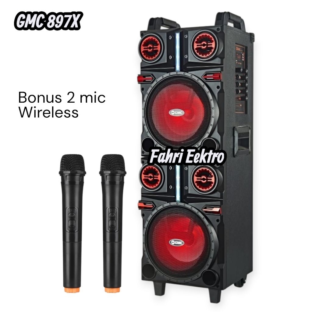 Speaker Aktif Portable 8 Inch Double GMC 897X Bluetooth Karaoke Guitar Xbass Mic Wireless Original