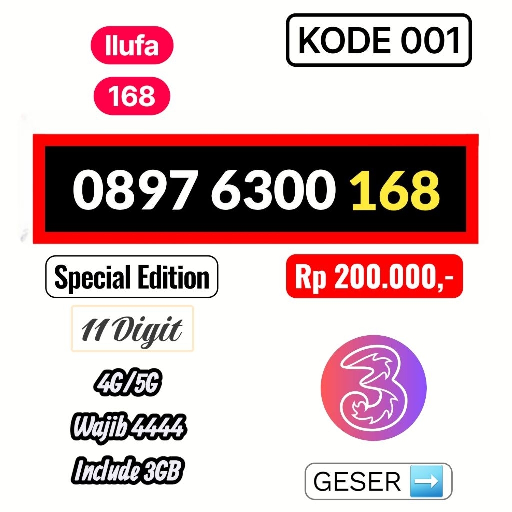 Nomer Tri Cantik 11 Digit  Kartu Perdana Cantik "3" Three 11 Angka