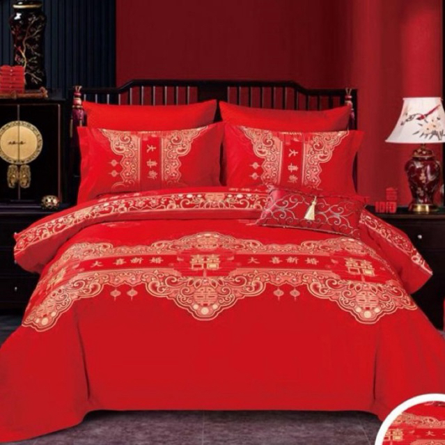 BIOSIBEDDING Sprei Katun Jepang Motif Merah Wedding Suangxi Merah Chinese - Grosir Sprei Surabaya