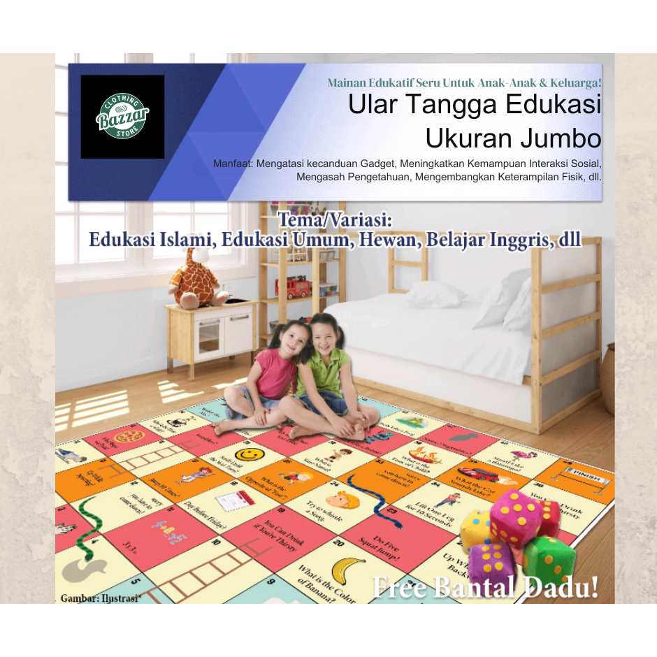 Ular tangga jumbo edukasi anak gratis dadu ukuran 1x1meter/1,5x1,5meter, mainan edukasi anak ular ta