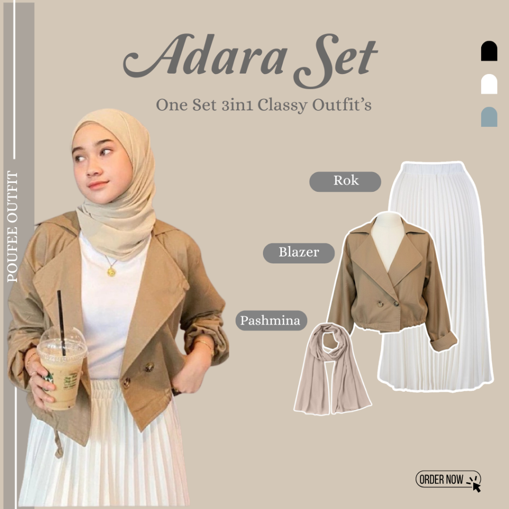 Setelan 3in1 Adara Set (Rok Plisket Putih - Blazer - Pashmina Ceruty) OOTD Hangout Santai
