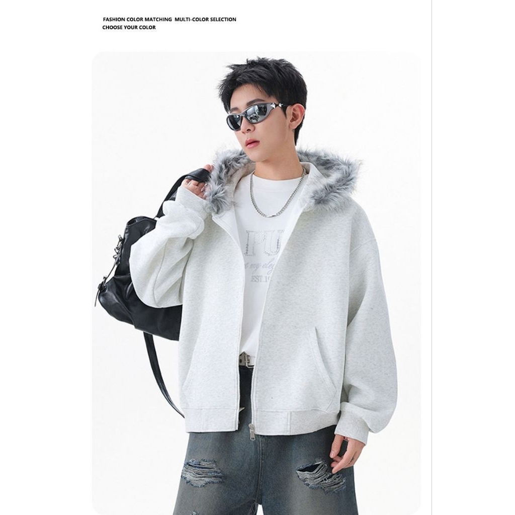 Streetwear jaket kupluk bulu jaket style pria,sweater terbaru trend 2025 keren