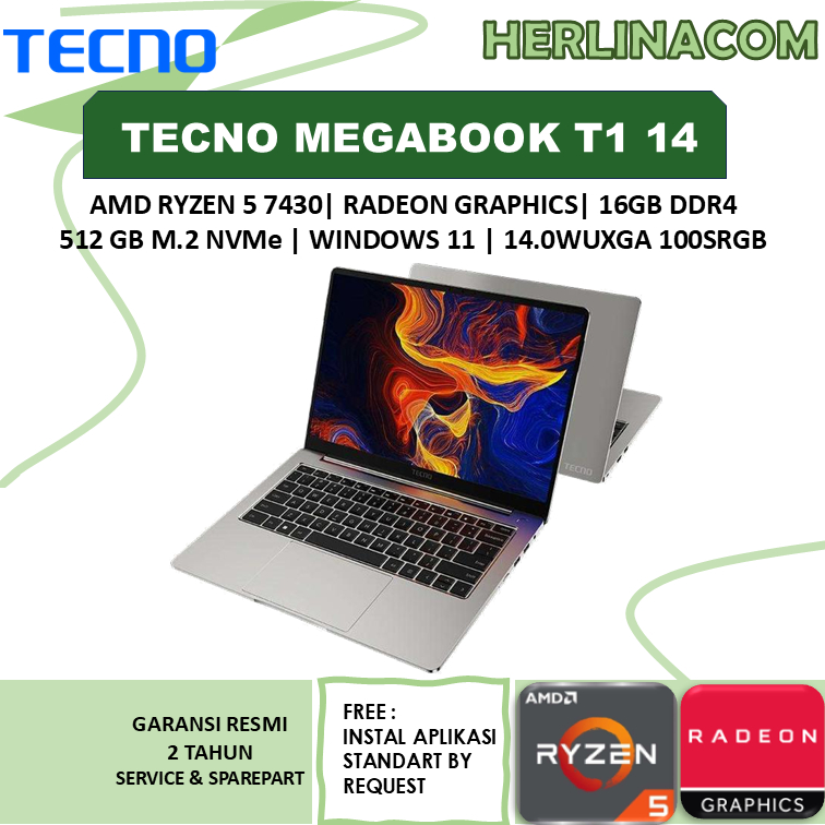 Laptop Tecno Megabook T1 14 RYZEN 5 7430U 16GB 512GB SSD 100SRGB