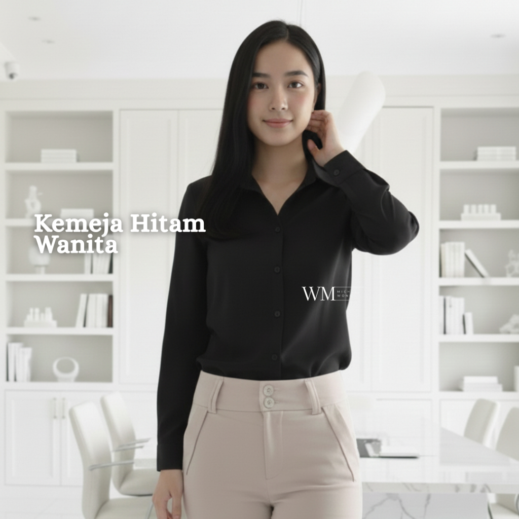 PROMO Kemeja Hitam Polos Wanita Atasan Hem Blouse Hitam Pekat Kerja Casual Wanita Bahan Katun Premiu