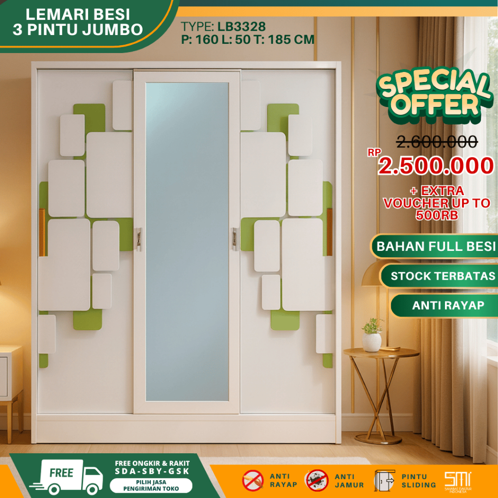 Lemari Besi 3 Pintu Jumbo - Lemari Baju Lemari Pakaian Sliding Lemari Besi Sliding 160cm Almari Baju