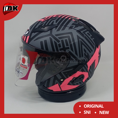 Helm Half Face KYT Galaxy Flat R Motif Neon Matt Gorila Grey Fuxia Pink Fluo Double Visor Pink hitam