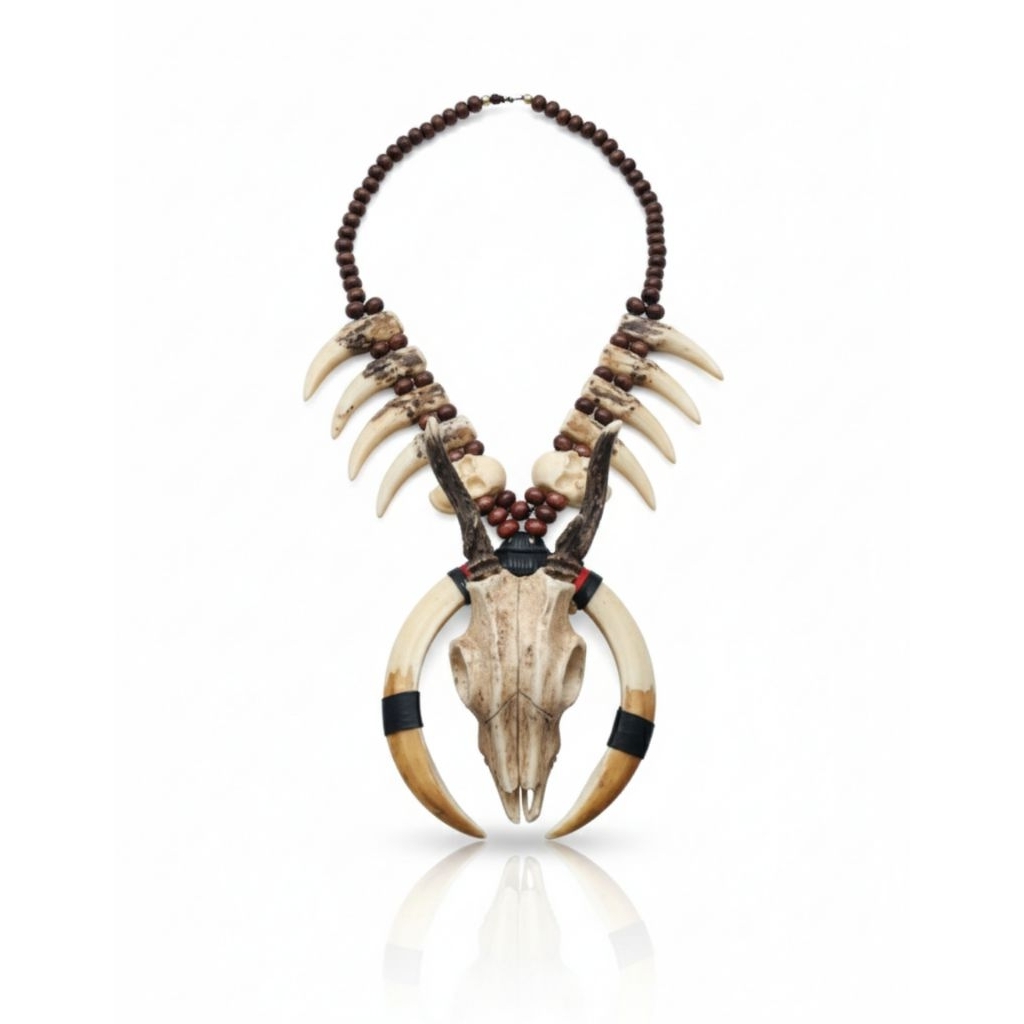 Kalung Taring Babi Sepasang & Kepala Rusa Imitasi