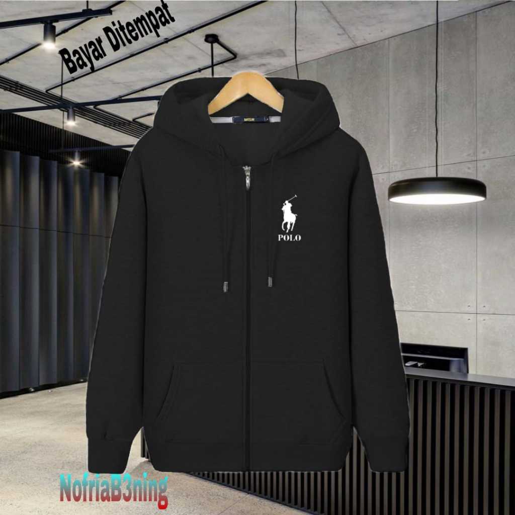 (COD) Jaket Resleting Distro Logo Polo Text Putih Jaket Pria Wanita Terkeren Jaket Denim Distro Katu