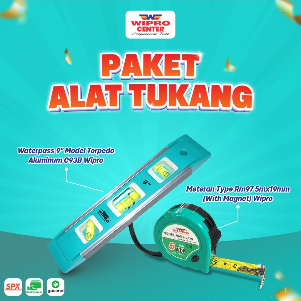 Paket Alat Ukur Tukang Bangunan Meteran Roll Wipro-Meteran Type RM97-Wipro Waterpass Magnet Aluminiu