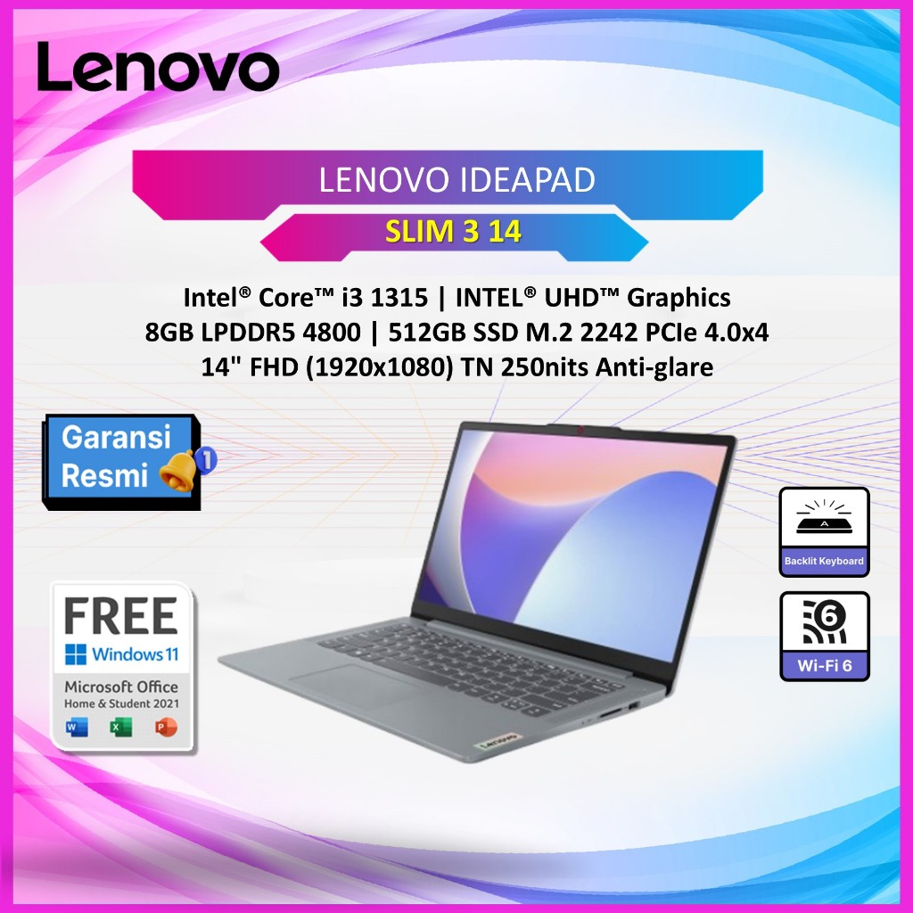 LAPTOP LENOVO IDEAPAD SLIM 3 14 I3 1315 - 8GB 512GB 14.0FHD