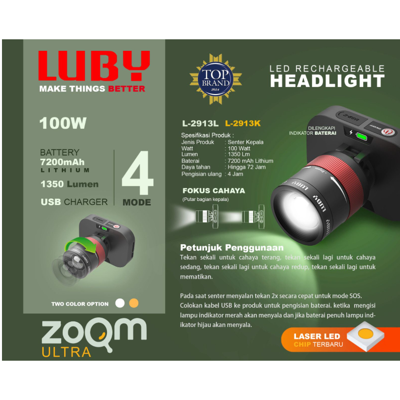 LUBY SENTER KEPALA LUBY ZOOM PUTAR 100 WATT L-2913 CAHAYA PUTIH