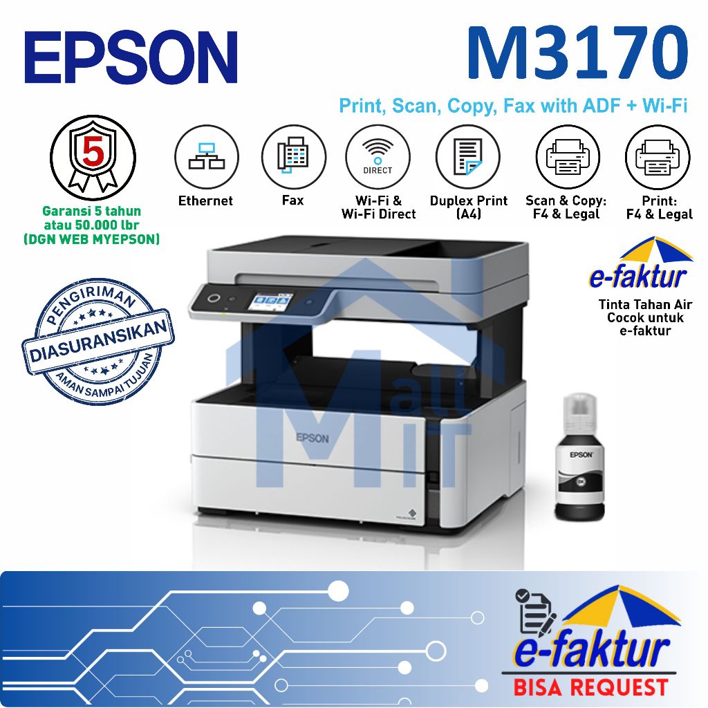MALLIT EPSON Printer Epson M3170 M-3170 M 3170 Inkjet Monochrome Pigment WIFI Fax with ADF Resmi Med