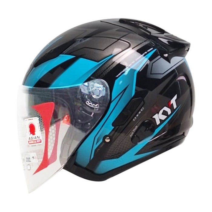 KYT Helm Half Face Galaxy Flat R Asymmetric - Hitam/Biru, Desain Grafis Trendy, Double Visor, Anti S