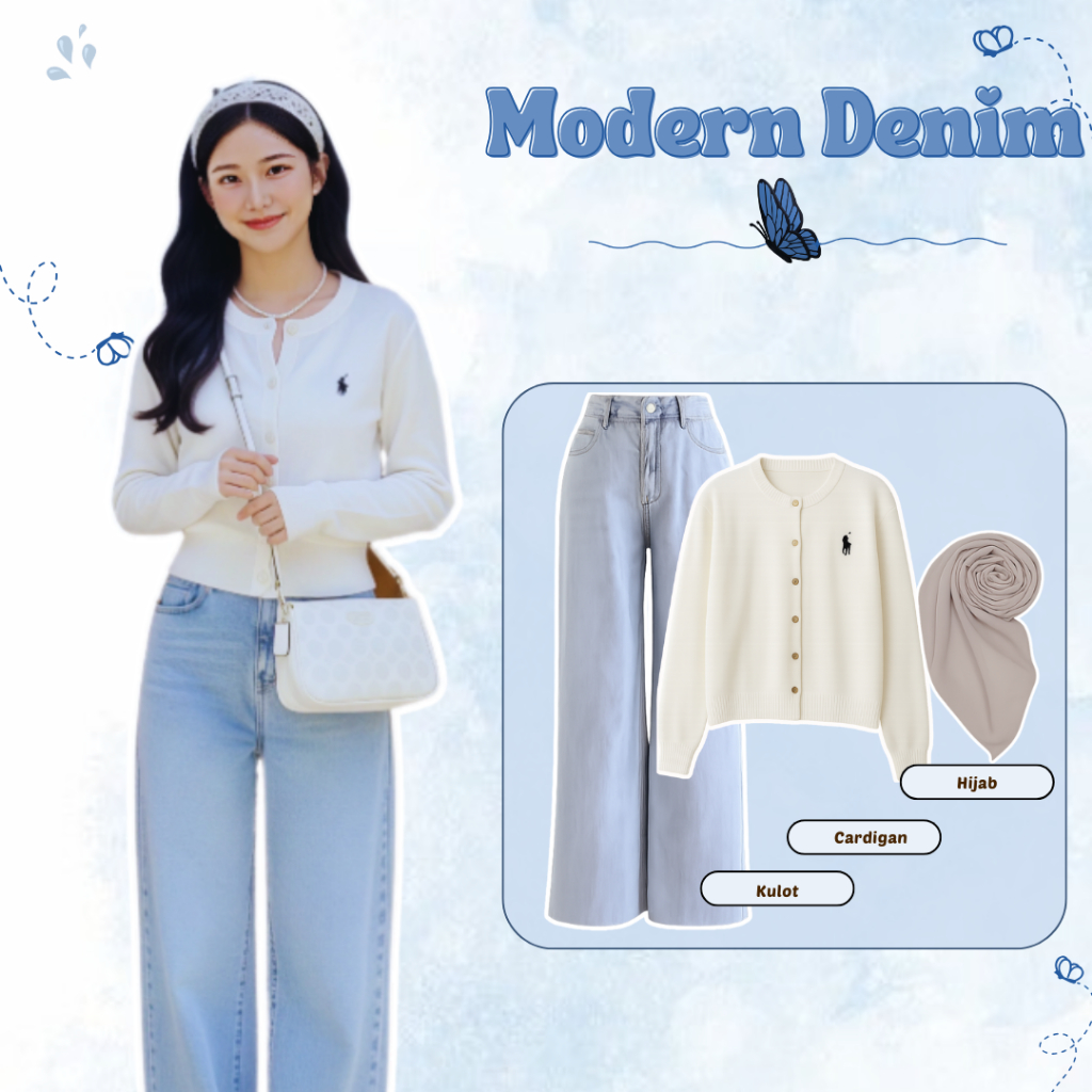 One Set 3in1 - Cardigan Rajut + Celana Kulot Jeans + Hijab Bella Square - Baju Setelan Remaja Korea