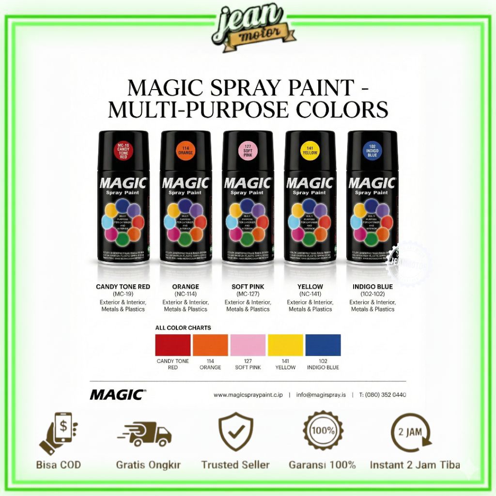 Cat Semprot Magic 300cc warna Hitam Glossy Hitam Doft Hijau Ninja Silver Biru Clear Kuning Soft Pink
