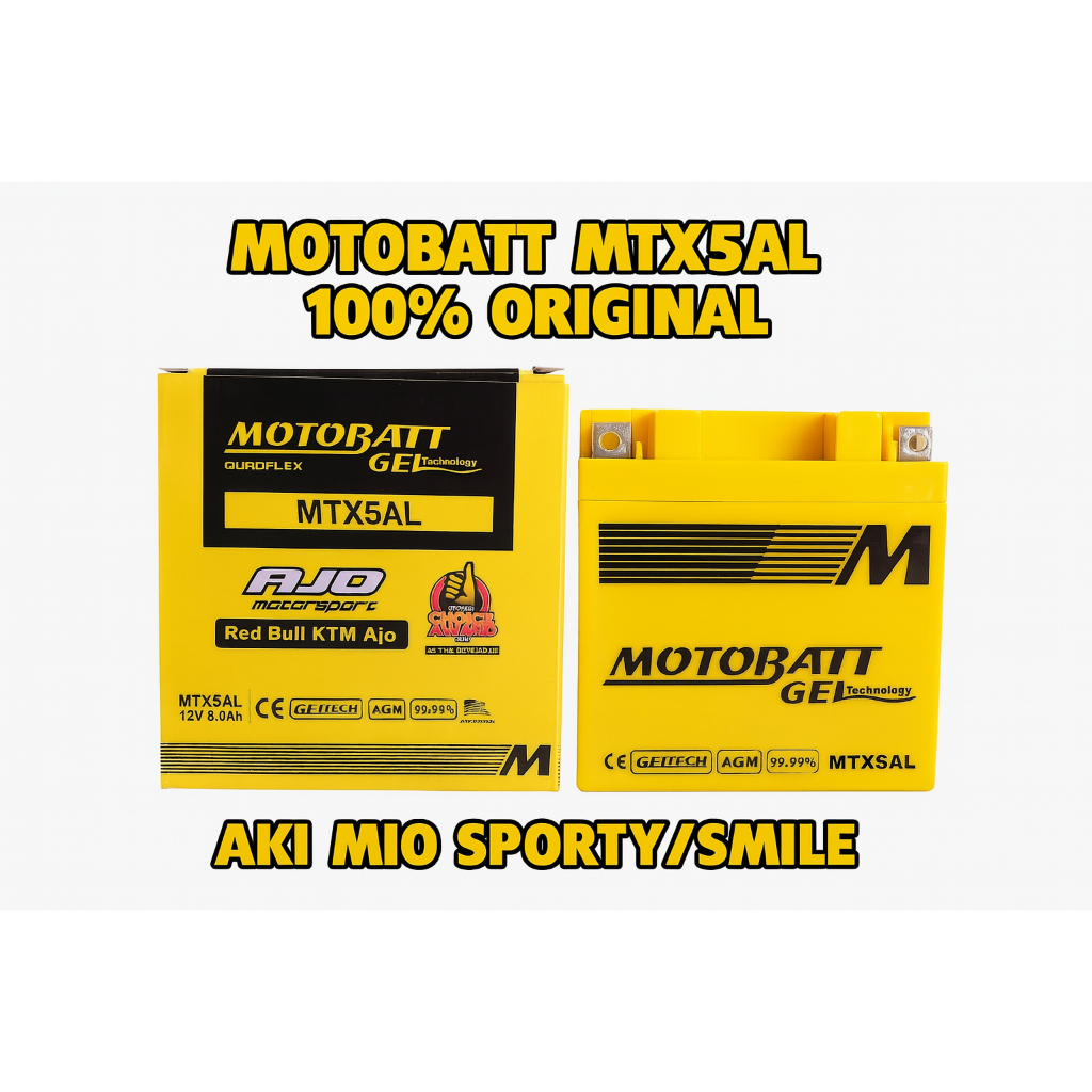 AKI MIO SPORTY MIO SMILE MOTOBATT MTX5AL 100% ORIGINAL AKI GEL PREMIUM AKI MOTOR BEBAS PERAWATAN