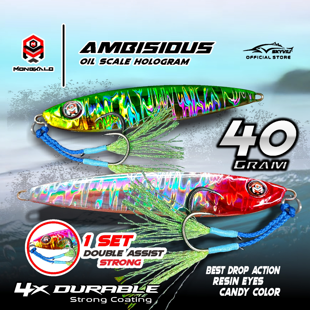 Metal Jig 40 Gram Mongkalo AMBISIOUS Minyak Lengkap 1 Set Double Assist Hook 40grm Upan Jigging Laut