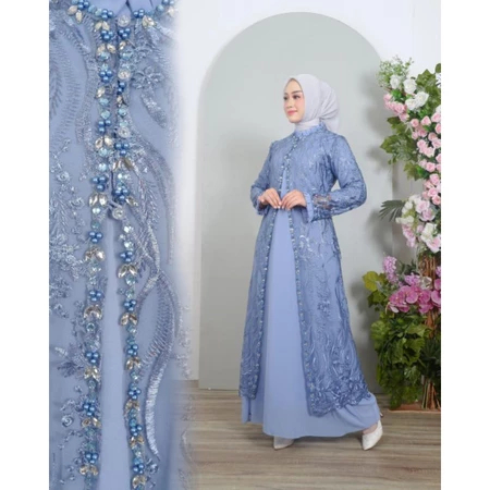 Belyou - Setelan Gamis Polos Payet Wanita Ayana Pakaian Muslimah Outer Dress Lebaran dan Baju Pesta
